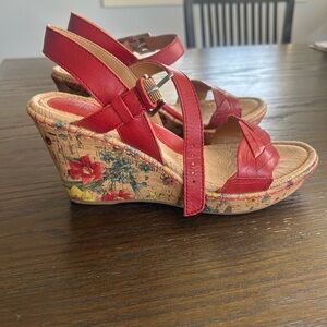 Born Vibrant Red and Yellow Wedge Sandals with Floral Cork Heel